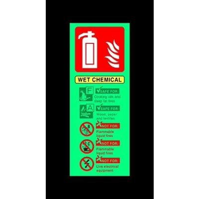 Image of Wet chemical fire extinguisher safety sign 200mm x 80mm 1.2mm Photoluminescent rigid plastic with self adhesive backing