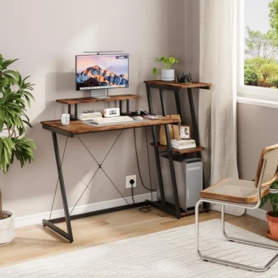 Image of Dripex Computer Desk with 3 Tier Reversible Storage Shelves, Small Office Power Outlets &amp; USB Charging Ports, Modern Work Study Table for Home Office, Rustic Brown