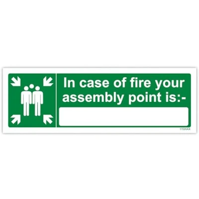 Image of V Safety 17026AX R In Case Of Fire Your Assembly Point Is: Sign Landscape 300mm x 100mm 1mm Rigid Plastic, Green