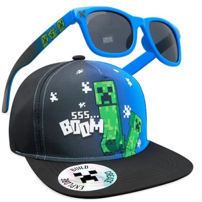 Image of Minecraft Baseball Cap and Kids Sunglasses Set, Creeper Adjustable Boys Hat 100% UV Protection Holiday Accessories Gamer Gifts (Black/Blue)