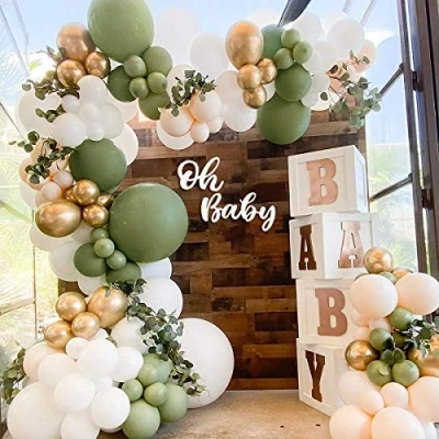 Image of Sage Green Balloon Garland Arch Kit,122Pcs Olive Balloons Set with White Latex Gold Metallic for Boys Girls Baby Shower,Birthday Party,Jungle Safari Party Decoration