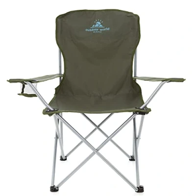 Image of Outdoor World Folding Camping Chairs, Compact Portable Garden Seat, Durable Steel Lightweight Design 2.35kg each with Cup Holder &amp; Carry Bag, Ideal for Beach, Fishing, BBQs, Leisure (Olive)