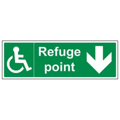 Image of V Safety Refuge Point Arrow Down Fire Assembly Sign 450mm x 150mm 1mm Rigid Plastic