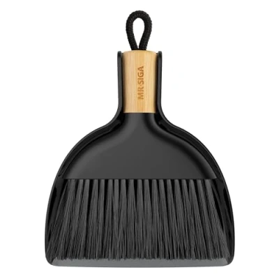 Image of MR.SIGA Dustpan and Brush Sets, Dust Pan Bamboo Handle, Durable Bristles Easy Sweep Blade, Lightweight Design, Black
