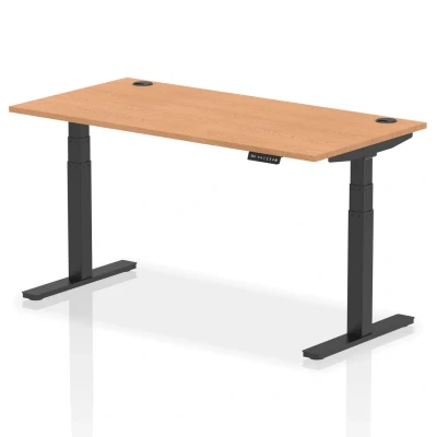 Image of Air 1600 x 800mm Height Adjustable Desk Oak Top Cable Ports Black Leg