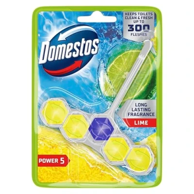 Image of Domestos Power 5 Lime toilet Rim Block freshener with a long lasting fragrance cleans and freshens for up to 300 flushes 50 g