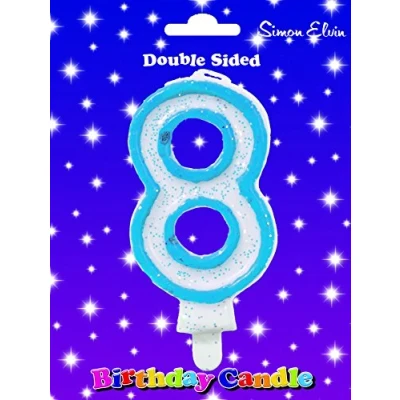 Image of Birthday candle number 8 Blue, White glittery with a blue outline