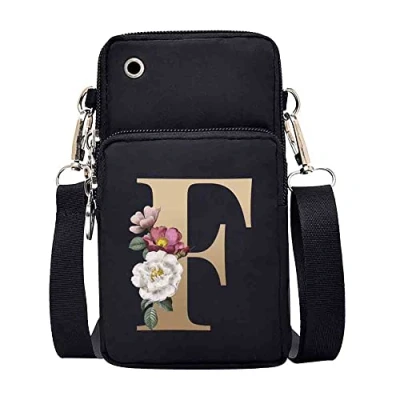 Image of FINDING CASE initial letter Printed Women Girls men Zipper Waterproof Nylon 3 Layers Crossbody Bags Wallet Cellphone Purse Shoulder Bag Wristlet Handbags Adjustable Strap (gold F)