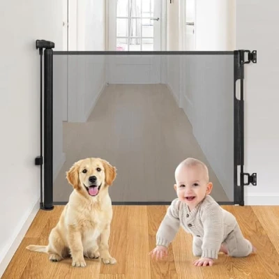Image of Newthinking Retractable Stair Gate for Baby and Pets, Extra Wide Mesh Safety Gate, Extends up to 140cm Wide, 86cm Tall, One Handed Operation Stairways Hallways, Black