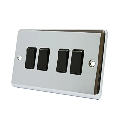Image of AET CPC4GSWIBL Polished Chrome Classical Black Insert Plastic Rocker Switches 10 Amp 4 Gang 2 Way Light Switch, 240 V
