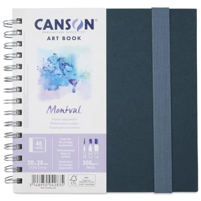 Image of CANSON Professional Art Book, Fine Grain Watercolour Montval Paper, 300gsm, 20x20cm Spiral Notebook, 24 White Sheets, Ideal for Artists &amp; Students