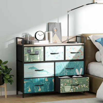 Image of HOMCOM Bedroom Chest of Drawers, Fabric Dresser with 7 Open Shelf and Steel Frame for Living Room, Hallway, Blue