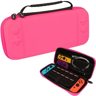 Image of TECHGEAR Switch OLED Case, Hard Protective Carry Travel &amp; Storage Case Cover Designed for Nintendo Pink, Joy Con Controllers, 10 Game Card Slots, Accessories