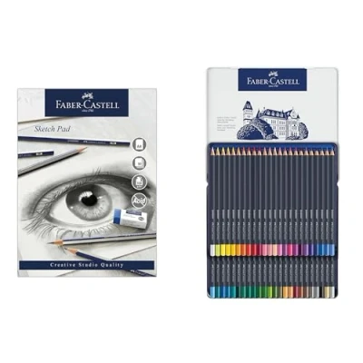 Image of Faber Castell Goldfaber, Colour Pencil Set, Tin Of 48 &amp; Sketch Pad, A4, Gummed Paper Pad 100 GSM, 50 Sheets