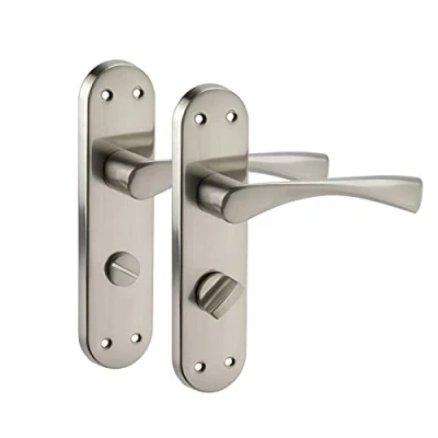 Image of Modern Brushed Chrome Door Handles on Backplate for Bathroom Doors