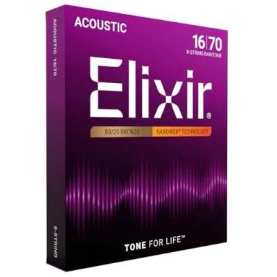 Image of Elixir 11308 Strings 80/20 Bronze 8 String Acoustic Guitar w NANOWEB Coating, Baritone (.016 .070)