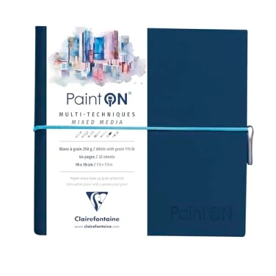 Image of Clairefontaine Ref 975436C Paint&#039;On Multi Technique Sewn Art Book (32 Sheets) 19 x 19cm, 250gsm Heavyweight Paper, Acid Free White Pages / Blue Cover