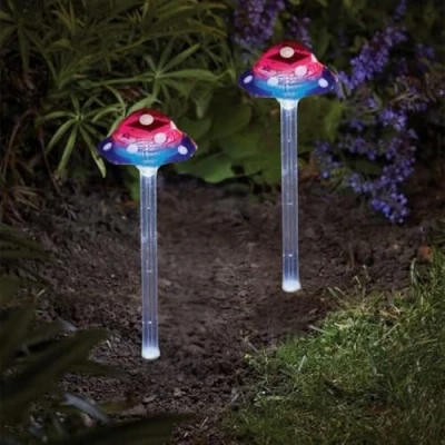 Image of Garden Mile Set of 2 Large Purple Mushroom Solar Lights Outdoor Powered Waterproof Toadstool Lamp Ornament for Lawn Gardening Pathway