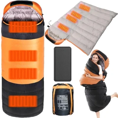 Image of Winter Heated Sleeping Bag with 20000 mAh Power Bank, 4 Heating Zones, USB for Backpacking Camping Electric Heater