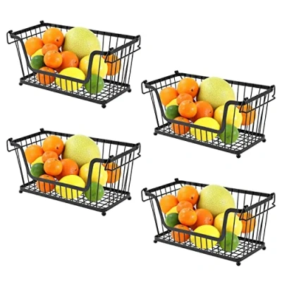 Image of Greenfields® 4 Pack Black Multi Purpose Stackable Storage Wire Basket Stacking Shelves Fruit Vegetable Kitchen Bathroom Rack Stand Organiser with Handles