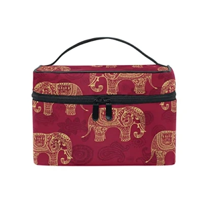 Image of Makeup Bag, Elephant Print Cosmetic Toiletry Storage Organiser Large Travel Handle Personalised Pouch with Compartments for Teenage Girl Women Lady Red