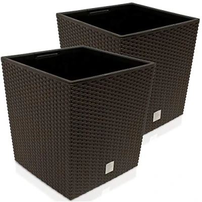 Image of Deuba® Set of 2 Plant Pots 64 Litres Each Weatherproof Rattan Look Inner Planter Convenient Handles Indoor &amp; Outdoor Versatility Stylish Flower 39 x 40.5cm Brown