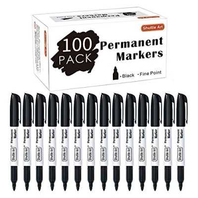 Image of Shuttle Art 100 Pack Black Permanent Markers, Fine Point Marker Pens Set Perfect on Plastic, Wood, Stone, Metal and Glass for Doodling, Writing, Marking, Office School Supplies