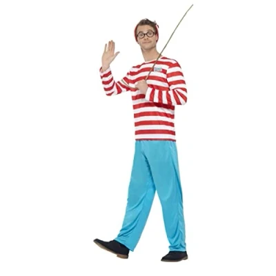 Image of Smiffys Men&#039;s Where&#039;s Wally? Costume, Top, Trousers, Glasses &amp; Hat, Colour Red and White, Size: M, 34591