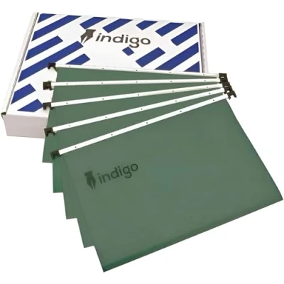 Image of Indigo® Premium Suspension Files with Tabs &amp; Inserts Foolscap (36cm x 24cm) Office Home Green (Pack of 50) 10)