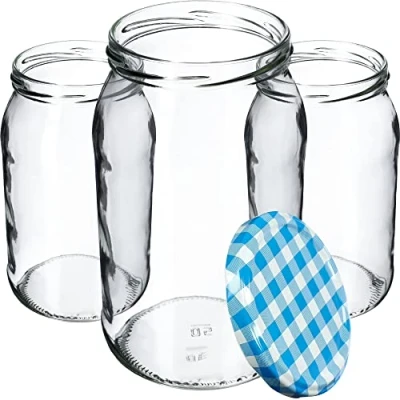 Image of KADAX Glass Jars 900 ml, Preserving with Airtight Lids for Storing Homemade Jams, Marmalades, Pickles and Sauerkraut (Blue Grid, Set of 8)