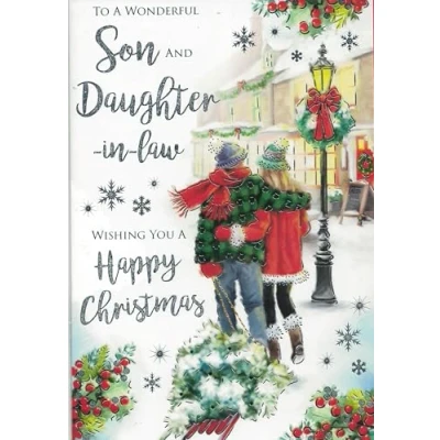 Image of SON &amp; DAUGHTER IN LAW CHRISTMAS CARD. TRADITIONAL XMAS DESIGN. 9 X 6 INCHES.