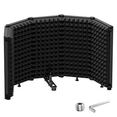 Image of Moukey Microphone Isolation Shield Foldable 5 Panels with Triple Sound Insulation, Reflection Filter 3/8&quot; and 5/8&quot; Mic Threaded Mount for Recording, Podcasts, Singing, Broadcasting