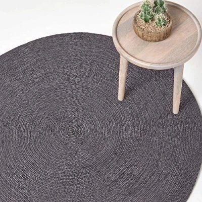 Image of HOMESCAPES Grey and Black Handwoven Braided Melange Rug 120cm Round Pattern Large Cotton