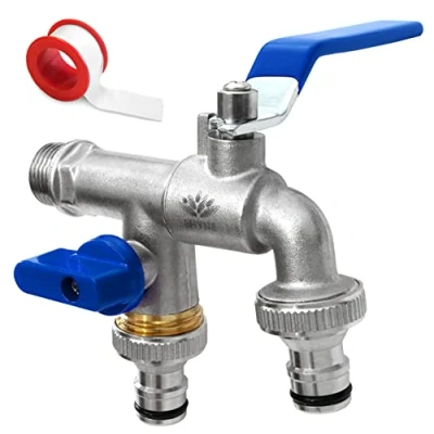 Image of SHYNE Premium 3/4&#039;&#039; Inch Brass Double Water Tap Rust and Frost Resistant + 2X Hose Connectors E Book for Garden, Washing Machine, Rain Barrel (2 Pieces)