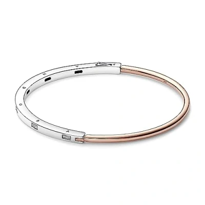 Image of Pandora Signature Two tone I D Pavé sterling silver and 14k rose gold plated bangle with clear cubic zirconia, 1