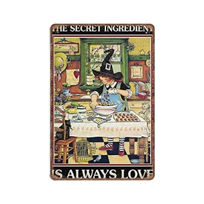 Image of DAIERCY Secret Ingredient Is Always Love Tin Signs, Witch Witchcraft Gift, Funny Vintage Metal Sign Plaqu Poster Wall Art Pub Bar Kitchen Garden Bathroom Home Decor, 140x200 mm