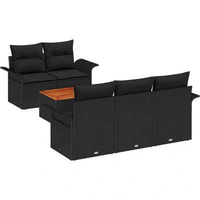 Image of vidaXL 6 Piece Garden Sofa Set with Cushions Black Poly Rattan Acacia