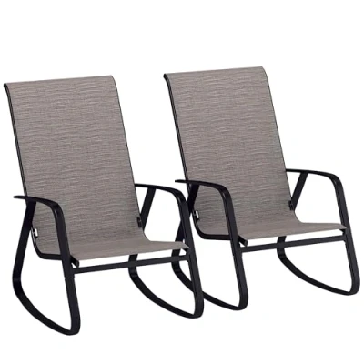 Image of Outsunny Garden Rocking Chairs Set of 2, Ergonomic Outdoor with Armrests, High Backrest, Steel Frame Relaxing Rocker Armchair Seats for Patio, Balcony, Porch, Light Brown