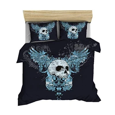 Image of Superb Skull &amp; Flower Duvet Cover Set Gothic 3D Skeleton Bones Bedspread with Pillow Shams Blue, King (220x230 cm), Zipper Closure