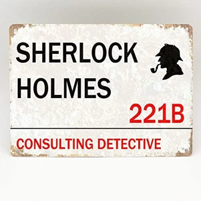 Image of Sherlock Holmes Metal Sign London Door Study Vintage Plaque 221B Baker Street Plate Aluminum 8X12 Inches