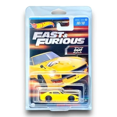 Image of Hot Wheels Datsun 240Z Custom (Yellow) 10/10 Fast &amp; Furious Series 3 2023 (Premium Long Card) COMES IN A KLAS CAR KEEPER PROTECTIVE COLLECTORS CASE HNT202