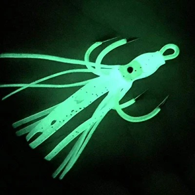 Image of OriGlam Luminous Octopus Lures Squid Skirts Bait, Soft Trolling Skirts, Cuttlefish Jig Lures, Glow in Dark with 4 Hooks