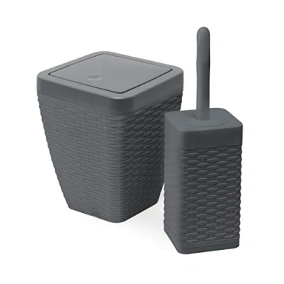 Image of Addis Faux Rattan Square Bathroom Set Includes Swing Bin &amp; Toilet Brush, Calico Linen Leather Plastic, Charcoal