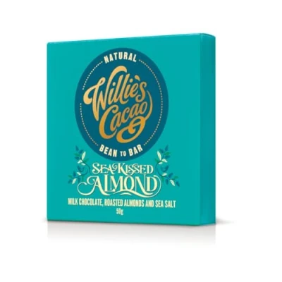 Image of Willie&#039;s Cacao Sea Kissed Almond Milk chocolate bar 44% with Roasted Almonds and Cornish Salt 50g Artisan Bean to