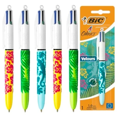 Image of Bic 4 Colours Velour Multi Coloured Retractable Ballpoint Pens, Black, Blue, Red, Green Ink, Medium Point, Velvet Soft Touch Jungle Barrels, Pack of 5