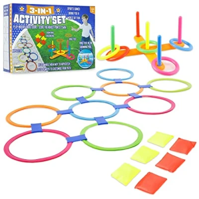 Image of Outdoor Games for Kids and Adults 6 in 1 or 3 1, PE Sports Day Sack Race Flying Disc Tug of War Throwing Bean Bags Tin Can Alley Egg Spoon Ring Toss (3 1)