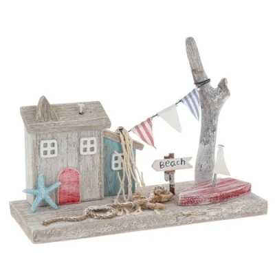 Image of Shudehill Giftware Sandy Bay Standing Beach House Ornament Decoration Rustic Themed Design with Lighthouse, Anchor, Log and More (House/Bunting)