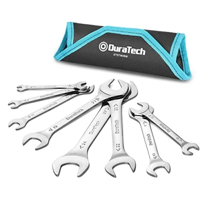 Image of DURATECH Double Open End Spanner Set, Super Thin Ended Wrench Flat Set for Narrow Space, Carbon Steel, Mirror Chrome Plated, 8 Piece, Metric, 5.5 mm 27 mm, with Carry Pouch