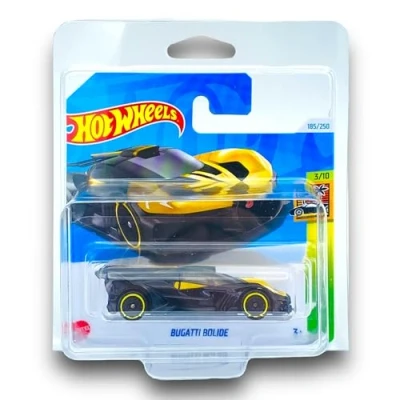 Image of Hot Wheels Bugatti Bolide (Black &amp; Yellow) 3/10 HW Exotics 2024 185/250 (Short Card) includes a KLAS Car Keeper Protector Case HTC22