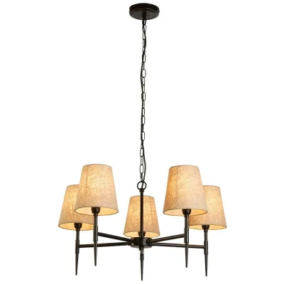 Image of Gothic 5 Light Pendant Hammered Black, Natural Linen